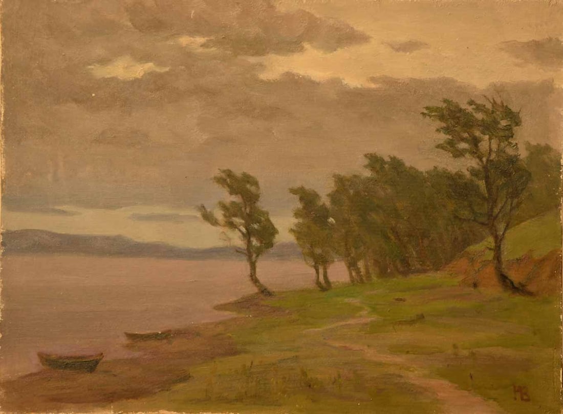 Valerian NESTEROV (1923-2001) Russian - Ukrainian: Valerian Stepanovich NESTEROV (1923-2001) ; Landscape ; mid 20th century ; oil on cardboard / unframed ; dimensions 32 x 44 cm (13 x 17 1/3 in.) ; signed lower right corner & on verso ; Shipping to US