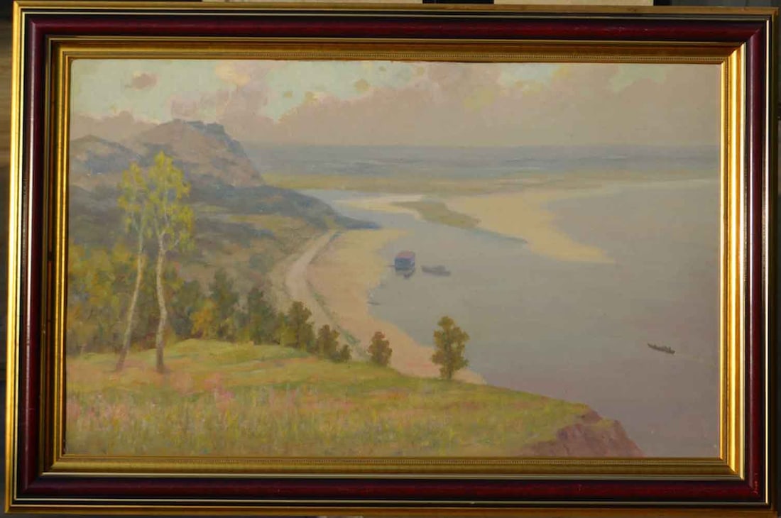 Valerian NESTEROV (1923-2001) Russian - Ukrainian: Valerian NESTEROV (1923-2001) ; Landscape ; mid 20th century ; oil on cardboard / framed ; dimensions 70 x 110 cm (27 1/2 x 43 1/3 in.) ; signed on verso ; Shipping to USA - DHL $450 , National post w