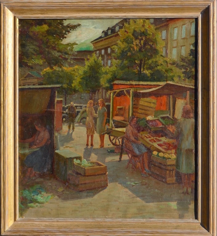 Ivan SHULGA (1889-1956) Russian - Ukrainian: Ivan Nikolaevich SHULGA (1889-1956) ; City yard ; 1949 ; oil on canvas / framed ; dimensions 67 x 61 cm (26 1/3 x 24 in.) ; signed and dated on verso ; Shipping to USA - DHL $250 , National post with 