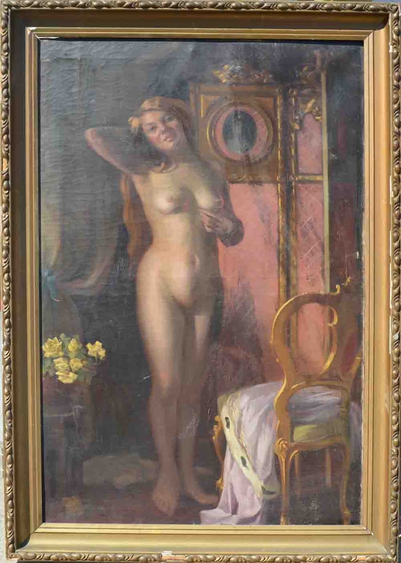 Istvan SZASZ (1878-1965) Hungarian: Istvan SZASZ (1878-1965) ; Nude ; 1913 ; oil on canvas / framed ; dimensions 150 x 100 cm (59 x 39 1/3 in.) ; frame size 169 x 119 cm (66 1/2 x 47 in.) ; signed and dated at bottom ; Shipping to USA -