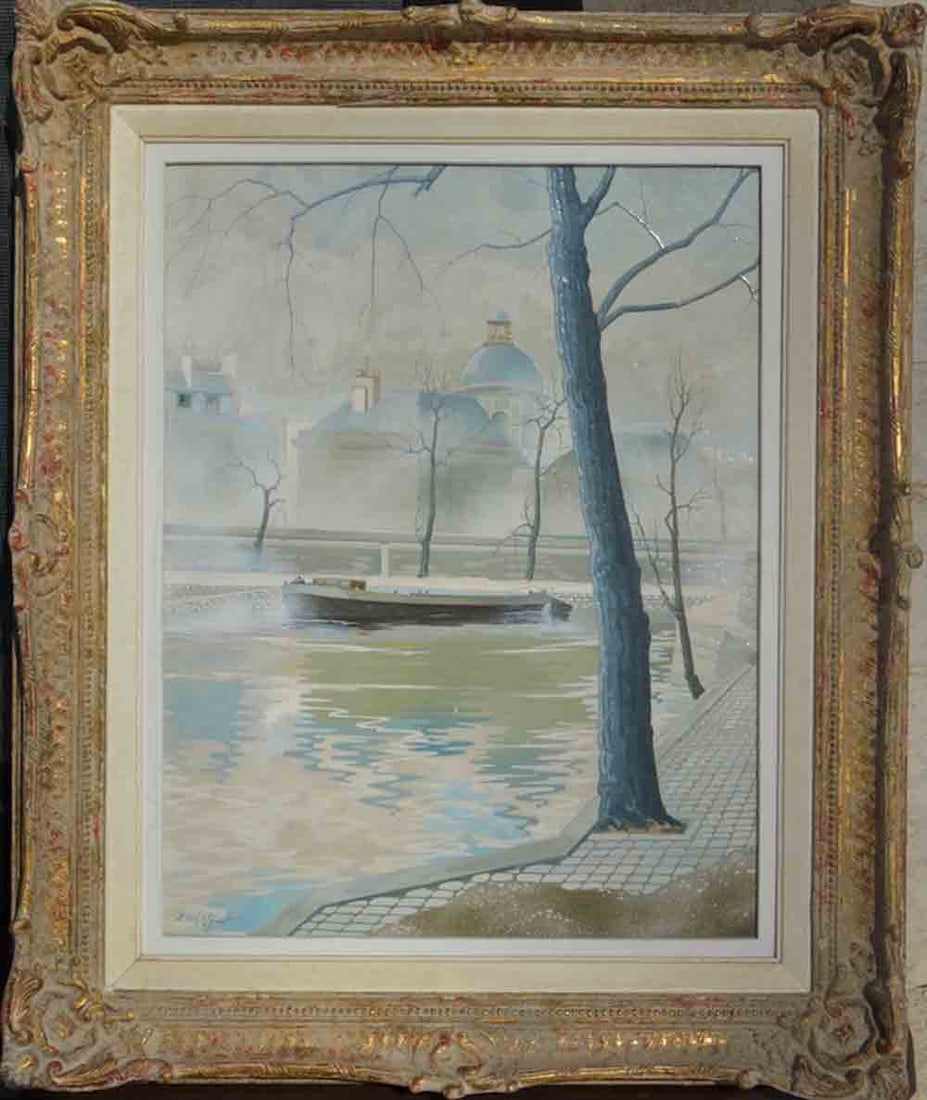 Rastislaw RACOFF (1904-1982) Russian - French: Rastislaw RACOFF (1904 St.Petersburg - 1982 Paris ) Russian - Chinese - French ; Seine Embankment, Paris ; 1961 ; oil on board / framed ; dimensions 35 x 27 cm (13 3/4 x 10 2/3 in.) ; frame size 45 x 