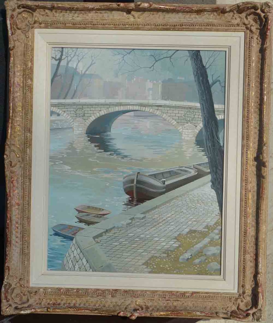 Rastislaw RACOFF (1904-1982) Russian - French: Rastislaw RACOFF (1904 St.Petersburg - 1982 Paris ) Russian - Chinese - French ; Seine Embankment, Paris ; 1960 ; oil on board / framed ; dimensions 35 x 27 cm (13 3/4 x 10 2/3 in.) ; frame size 45 x 