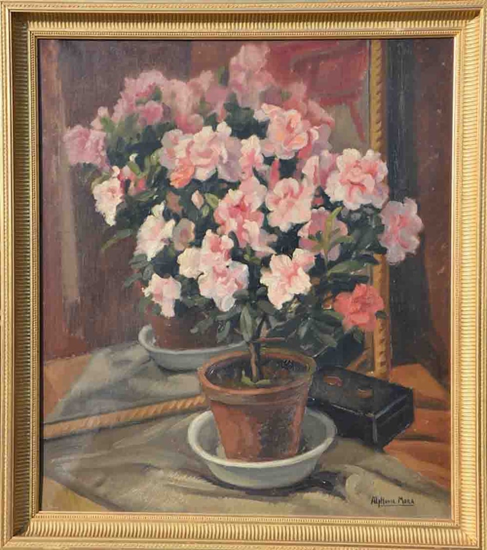 Alphonse MORA (1891-1977) Belgium: Alphonse MORA (1891-1977) ; Floral still life ; the 2nd quarter of the 20th century ; oil on canvas / framed ; dimensions 79 x 70 cm (31 x 27 1/2 in.) ; signed lower right corner ; Shipping to USA - D