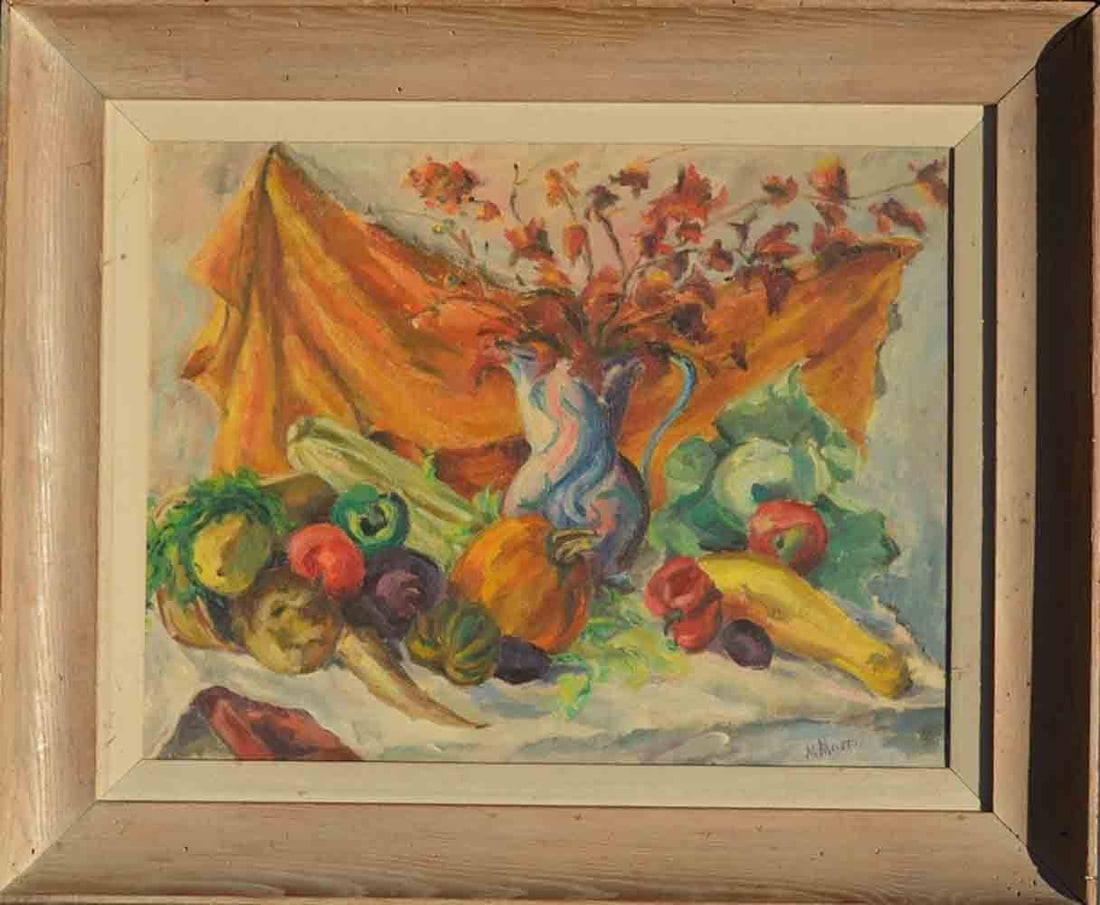 Mania MAVRO (1889-1969) Russian - Ukrainian - French: Mania MAVRO (1889-1969) ; Still-life with vegetables ; the 2nd quarter of the 20th century ; oil on canvas / framed ; dimensions 43 x 56 cm (17 x 22 in.) ; signed lower right corner ; Provenance- Gold