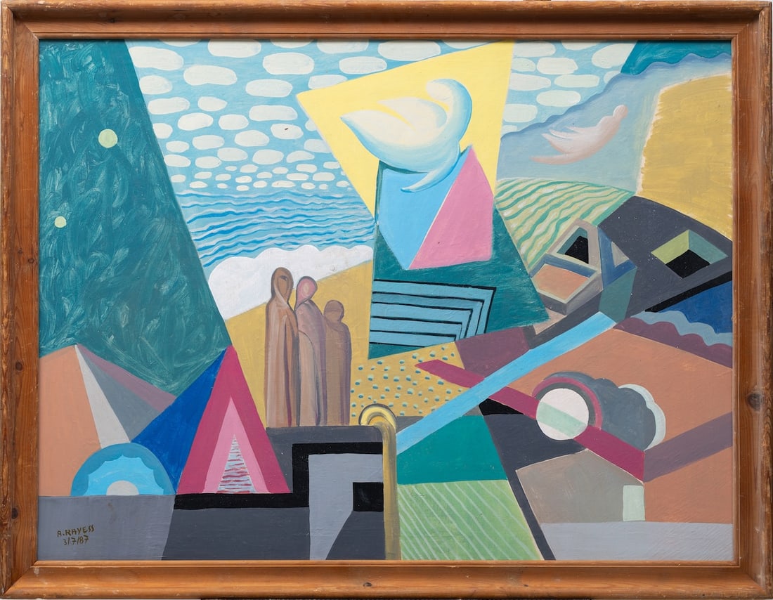 Aref EL-RAYESS (1928-2005) Lebanon: Aref EL-RAYESS (1928-2005) ; oil on canvas, 3.7.1987 / framed ; dimensions 76 x 101 cm (30 x 39 3/4 in.) ; frame size 84 x 109 cm (33 x 43 in.) ; signed and dated lower left corner ; Shipping to USA -