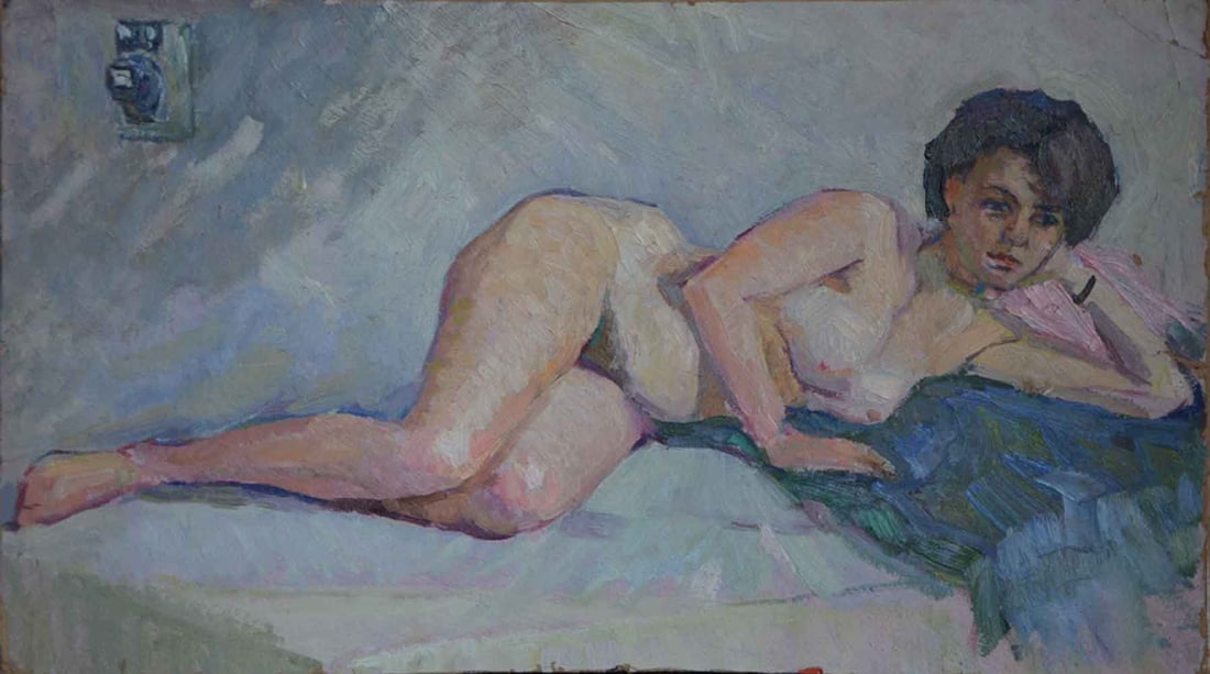 Grigoriy MARINICHENKO (1928) Ukrainian: Grigoriy Andreevich Marinichenko (1928) ; Nude ; 1974 ; oil on cardboard ; unframed ; 36 x 63 cm (14 x 25 in.) ; signed & dated on verso in pencil ; Shipping to USA - DHL $160 , National post with tra