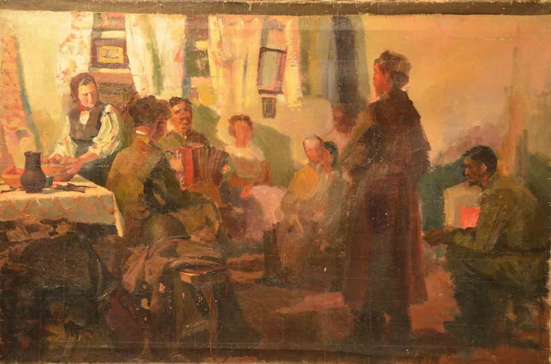 Mark KAPLAN (1905-1990) Ukrainian - Russian: Mark Yakovlevich KAPLAN (1905-1990) ; The soldiers at rest ; 1940s ; oil on canvas / unframed ; dimensions 50 x 70 cm (19 2/3 x 27 1/2 in.) ; signed on verso ; Shipping to USA - DHL $250 , National po