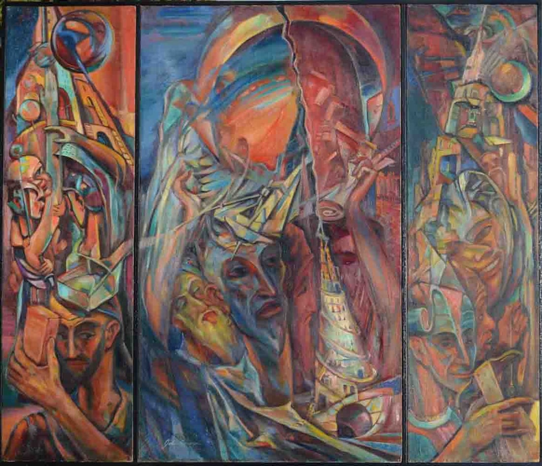 John SHAYN (1901-1977) Ukrainian - American: John SHAYN (1901-1977) ; Tower of babel. Triptych ; the 2nd quarter of the 20th century ; oil on canvas / framed ; signed ; dimensions 99 x 127 cm (39 x 50 in.) ; Shipping to USA - DHL $320 , National