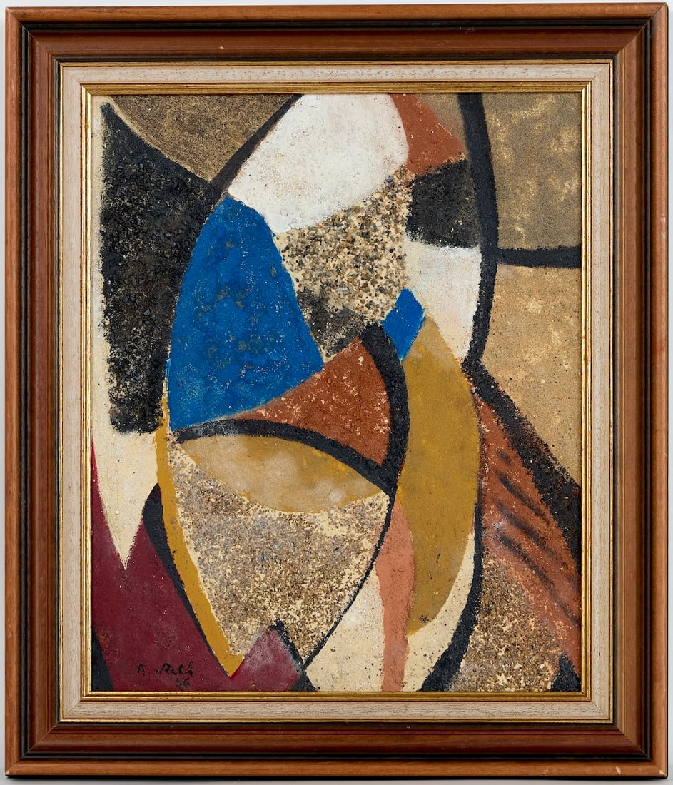 Alfred RETH (1884-1966) Hungarian - French: Alfred RETH (1884-1966) ; Composition ; 1956 ; Artists media on wood panel (oil and sand) / framed ; dimensions 46 x 38 cm (18 x 15 in.) ; frame size 58,5 x 50 cm (23 x19 2/3in.) ; signed and dated lo