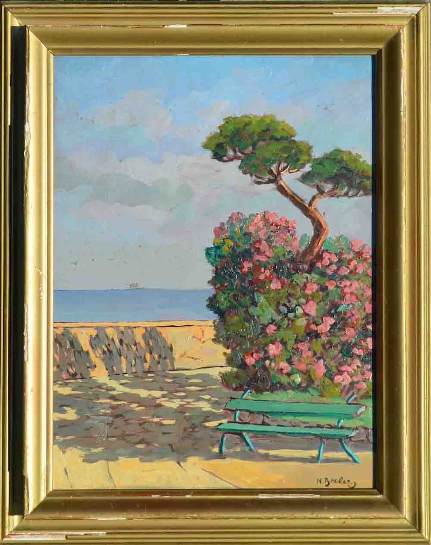 Nicolas BERKER (1877-1962) Russian - French: Nikolai (Nicolas) Becker (1877-1962) ; Terrace by the sea ; the 2nd quarter of the 20th century ; oil on hardboard / framed ; dimensions 40 x 30 cm (15 3/4 x 12 in.) ; frame size 49 x 39 cm (19 1/3 x 