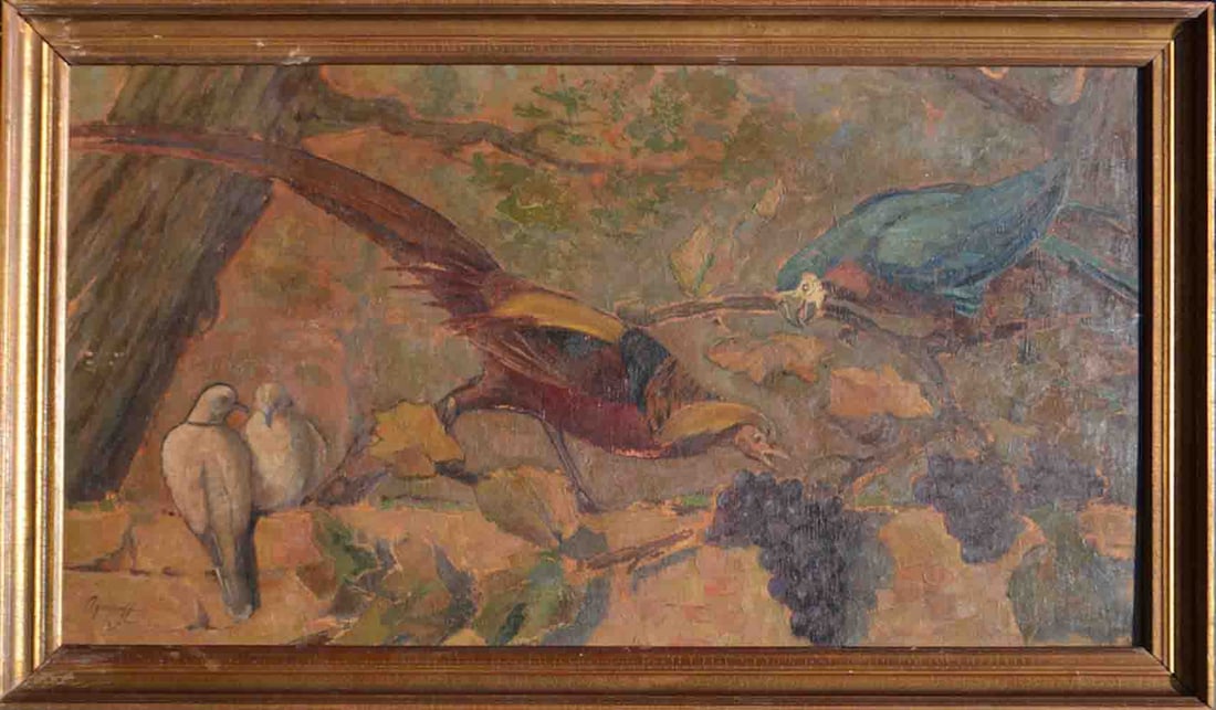 Nicolas AGAPOFF (1899-?) Russian - Yugoslavian - French: Nicolas AGAPOFF (1899-?) ; The birds ; 1st half of the 20th century ; oil on wood / framed ; dimensions 46 x 83 cm (18 x 32 2/3 in.) ; frame size 52 x 90 cm (20 1/2 x 35 1/2 in.)signed lower left corn