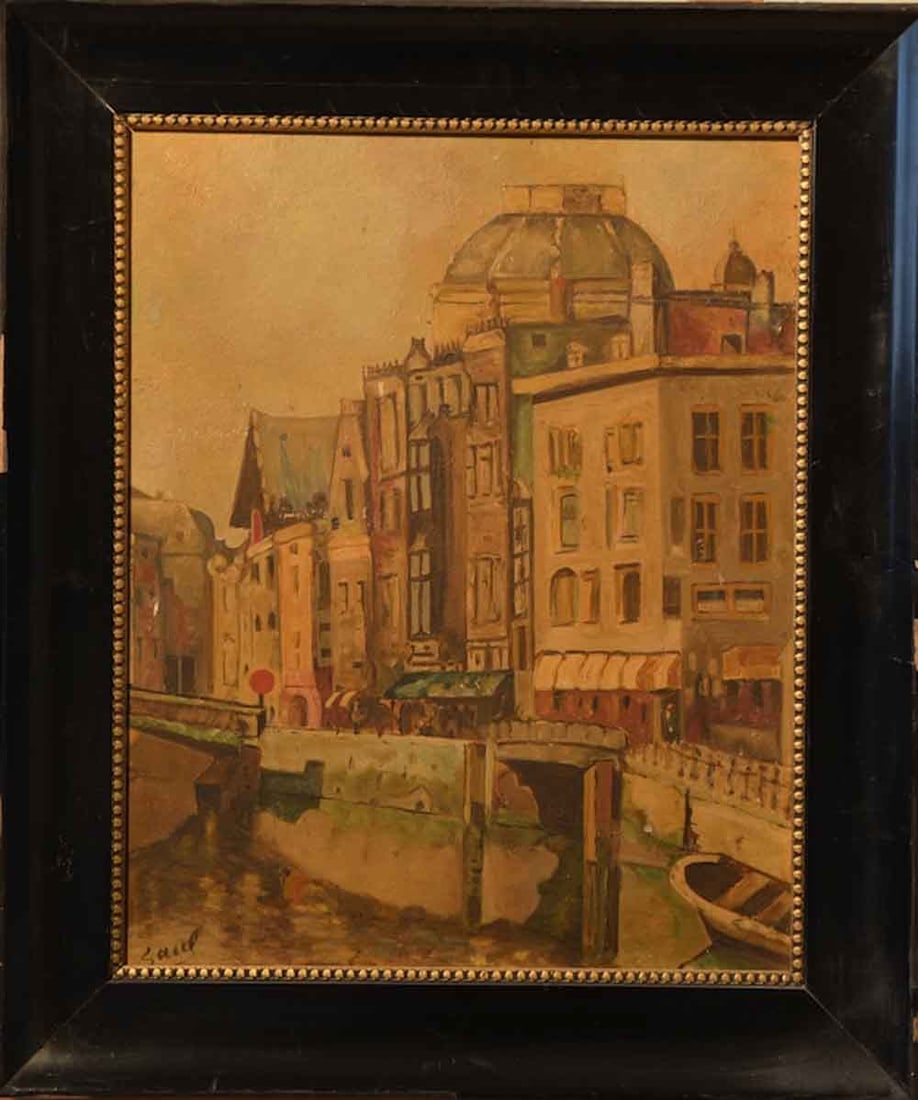 Kovner Saul (1904-1982) Russian - American: Kovner Saul (1904-1982) ; Cityscape ; mid 20th century ; oil on masonite / framed ; dimensions 46 x 37 cm (18 x 14 1/2 in.) ; signed lower left corner ; Shipping to USA - DHL $250 , National post with