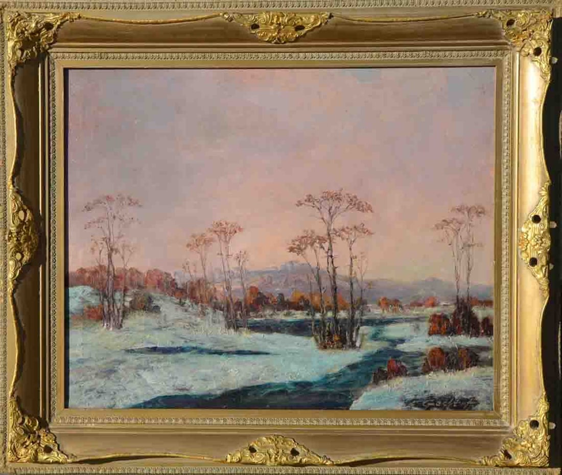 L. GECHTOFF (1883-1941) Russian - Ukrainian - American: Leonid GECHTOFF (1883 Odessa, Ukraine - 1941 USA) ; Landscape ; 1938 ; oil on canvas / framed ; dimensions 61 x 76 cm (24 x 30 in.) ; signed & dated lower right corner / artists inscriptions on verso 
