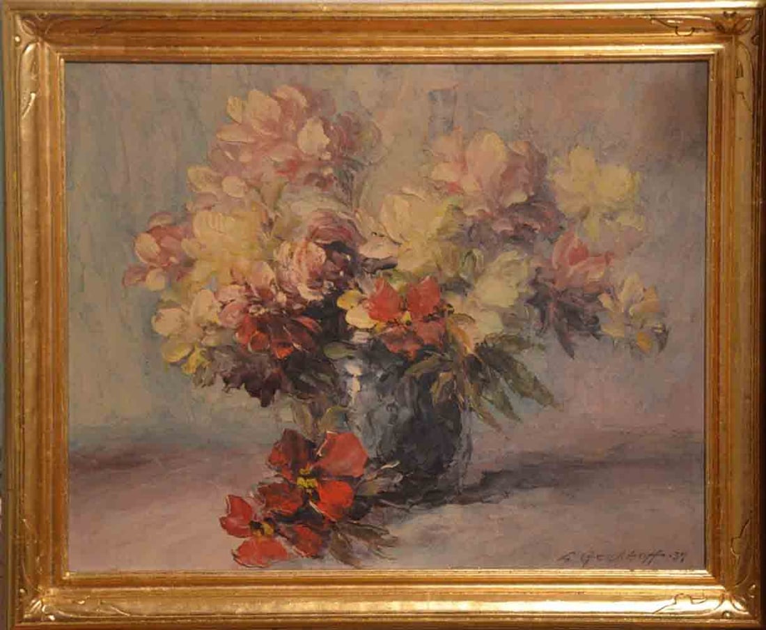 L. GECHTOFF (1883-1941) Russian - Ukrainian - American: Leonid GECHTOFF (1883 Odessa, Ukraine - 1941 USA) ; Floral still-life ; 1939 ; oil on artistboard / framed ; dimensions 61 x 76 cm (24 x 30 in.) ; signed & dated lower right corner / artists inscripti