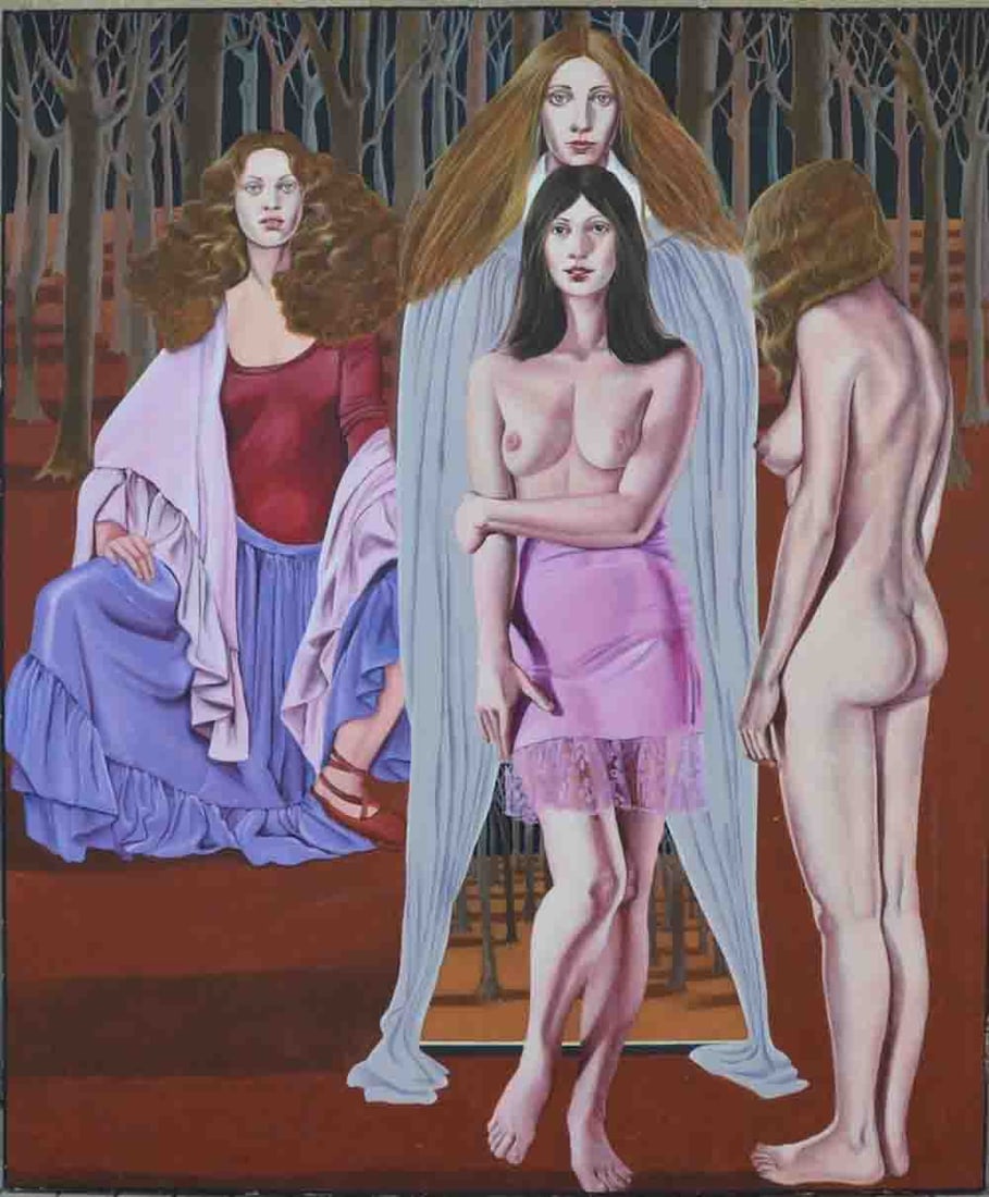 The 4 graces, Nudes, Unsigned XX century: The 4 graces, Nudes ; late 20th century ; oil on canvas / framed ; dimensions 203 x 170 cm (80 x 67 in.) ; Provenance- Ex Confederation Art Gallery and Museum Charlottetown, Prince Edward Island ; Shi