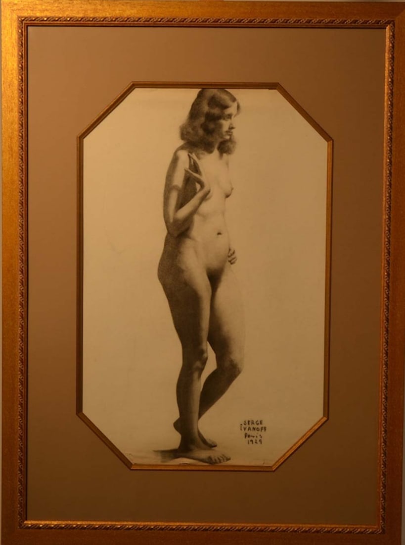 Serge IVANOFF (1893-1983) Russian - French: Serge IVANOFF (1893 Moscow, Russia - 1983 Paris, France) ; Nude ; 1929 ; charcoal on Michallet paper / framed ; paper size 63 x 48 cm (25 x 19 in.) ; signed & dated lower right corner ; Shipping to US