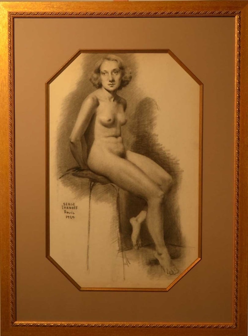 Serge IVANOFF (1893-1983) Russian - French: Serge IVANOFF (1893 Moscow, Russia - 1983 Paris, France) ; Nude ; 1929 ; charcoal on Michallet paper / framed ; paper size 63 x 48 cm (25 x 19 in.) ; signed & dated lower right corner ; Shipping to US