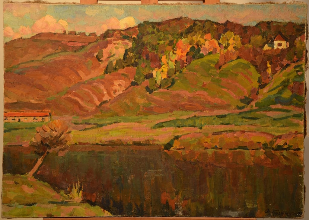 Vladimir KUZNETSOV (1924) Russian - Ukrainian: Vladimir KUZNETSOV (1924) ; The Autumn evening ; 1971 ; oil on canvas / unframed ; dimensions 50 x 70 cm (19 2/3 x 27 1/2 in.) ; signed lower right corner / artists inscriptions on verso ; Shipping to