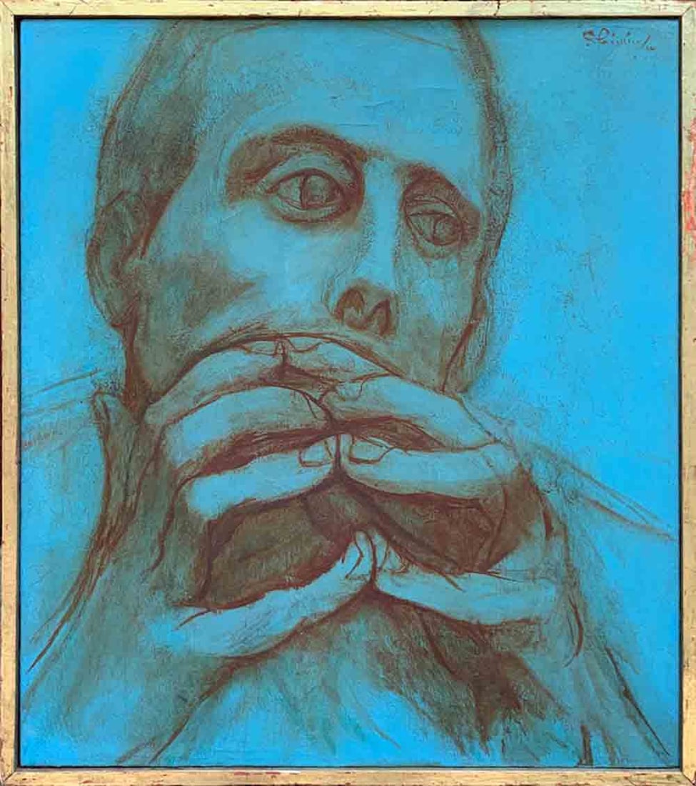 Symeon SHIMIN (1902-1984) Russian - American: Symeon SHIMIN (1902-1984) ; Expression portrait in blue ; 1962 ; oil on canvas / framed ; dimensions 46 x 41 cm (18 x 16 in.) ; signed and dated upper right corner ; Shipping to USA - DHL $160 , Natio
