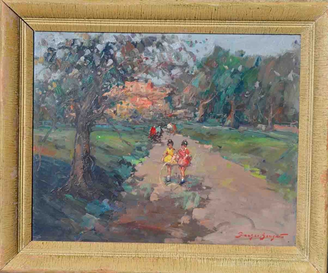 S. BONGART (1918-1985) Russian - Ukrainian - American: Sergei BONGART (1918-1985) ; Landscape with a children ; 20th century ; oil on cardboard ; framed ; dimensions 41 x 51 cm (16 x 20 in.) ; signed lower right ; Shipping to USA - DHL $250 , National pos