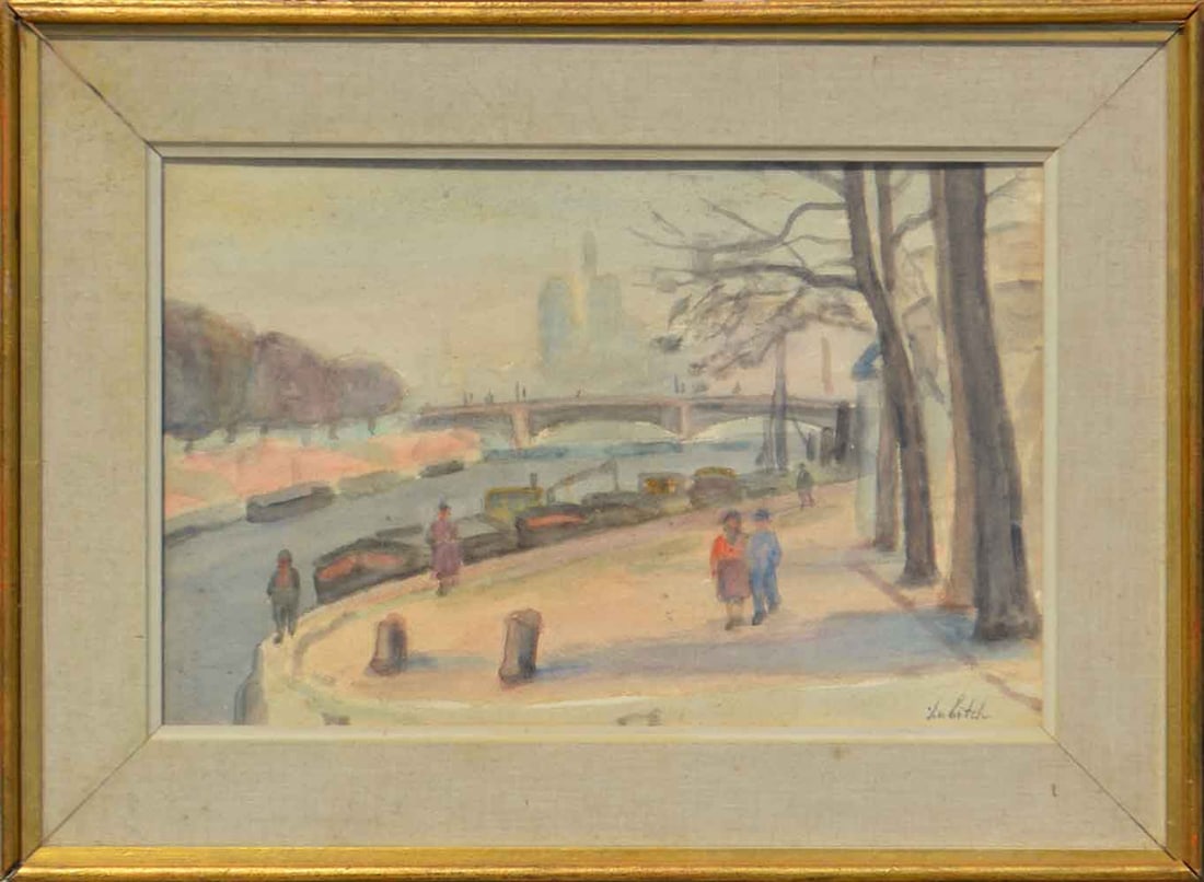 O. LUBITCH (1896-1990) Russian / Belorussian / French: Ossip LUBITCH (1896-1990) ; Paris view ; mid 20th century ; watercolor on paper - framed ; dimensions 30 x 47 cm (12 x 18 1/2 in.) ; signed lower right corner ; Shipping to USA: DHL - $250 / National 