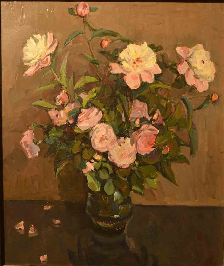 Vladimir KUZNETSOV (1924) Russian - Ukrainian: Vladimir Vasilievitch Kuznetsov (1924) ; Peonies and roses ; mid- 20th century ; oil on canvas ; framed ; 69 x 58 cm (27 1/4 x 22 3/4 in.) ; signed lower right, named on verso ; Shipping to USA - DHL