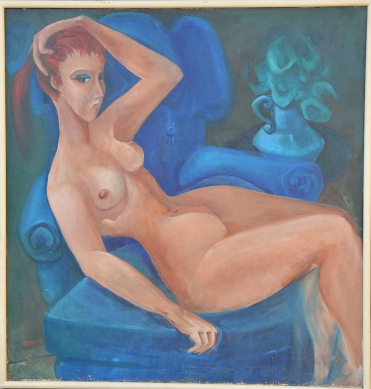 M. KMIT (1910-1981) Ukraine / American / Australian: Michael KMIT (1910-1981) ; Nude Woman ; oil on canvas, framed ; 96 x 92 cm (37 3/4 x 36 1/4 in.) ; signed lower left ; Shipping to USA: DHL - $450 ; National post with tracking service - $220 ; Shippi