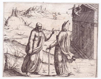 Augustin HIRSCHVOGEL (1503-1553) Germany etching: Augustin HIRSCHVOGEL (1503-1553) ; The Temptation of Christ ; 1548 ; etching, watermark / unframed ; dimensions 11,5 x 14,5 cm ; Shipping to USA - DHL $160 , National post with tracking service $80 /