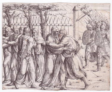 Augustin HIRSCHVOGEL (1503-1553) Germany etching: Augustin HIRSCHVOGEL (1503-1553) ; The Kiss of Judas ; 1548 ; etching, watermark / unframed ; dimensions 11,5 x 14,5 cm ; Shipping to USA - DHL $160 , National post with tracking service $80 / Shippin