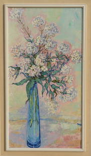 W. NEUFELD (1909-2002) Russian - Canadian - American: Woldemar NEUFELD (1909-2002) ; Floral still-life ; mid 20th century ; oil on canvas / framed ; dimensions 85 x 45 cm (33 1/2 x 17 3/4 in.) - frame size 96 x 56 cm (38 x 22 in.) ; signed lower right co