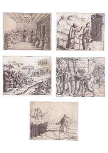 Collection of 5 etchings Augustin Hirschvogel: Augustin Hirschvogel (German, 1503-1553) ; Jacob Wrestling With The Angel ; 1548 ; Moses and the Serpent ; 1548 ; The Temptation of Christ ; 1548 ; The Kiss of Judas ; The Descent of the Holy Spirit ;