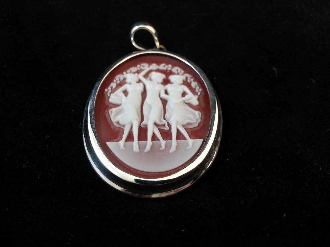 Sterling Silver Cameo Pendant - 2 Pieces: "The Three Graces" and "Victorian Lady" Sterling Silver Frame (size: 1.25x1.75)