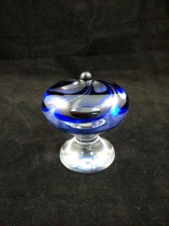 Kosta Warff Jewel #7 Glass Paperweight: Sweedish designers Ann and Goran Warff, late 1960's, early 1970's. Deep colbalt blue swirl, mushroom glass paperweight, excellent condition. Approx. 2" x 3". Engraved on bottom, "Kosta Warff Jewel 7".