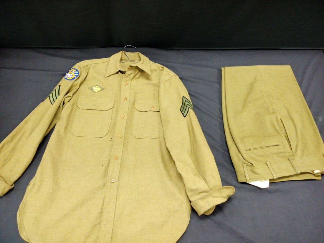 Vintage Military Clothing: Pants 30/31. Heavy Shirt (No Size), Jacket 37 Regular, and cap.