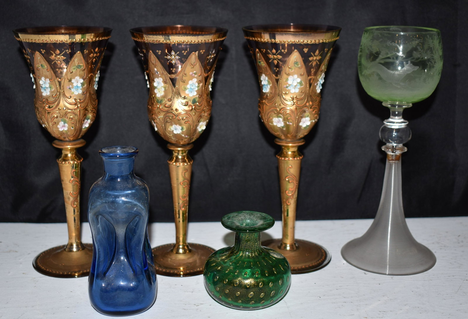 Lot of Four Wine Glass, Perfume and Bottle: Glasses Height 8"