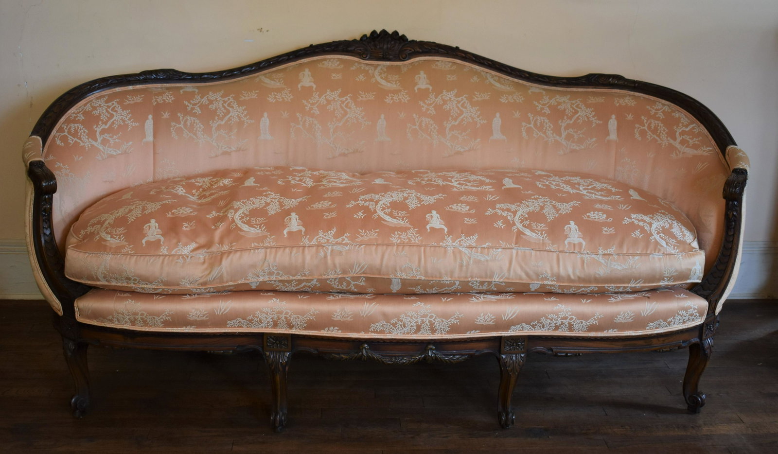 Fine Quality French Louis XVI Walnut Sofa: with silk upholstery and down cushion, circa 1920. Height 38” Width 79”