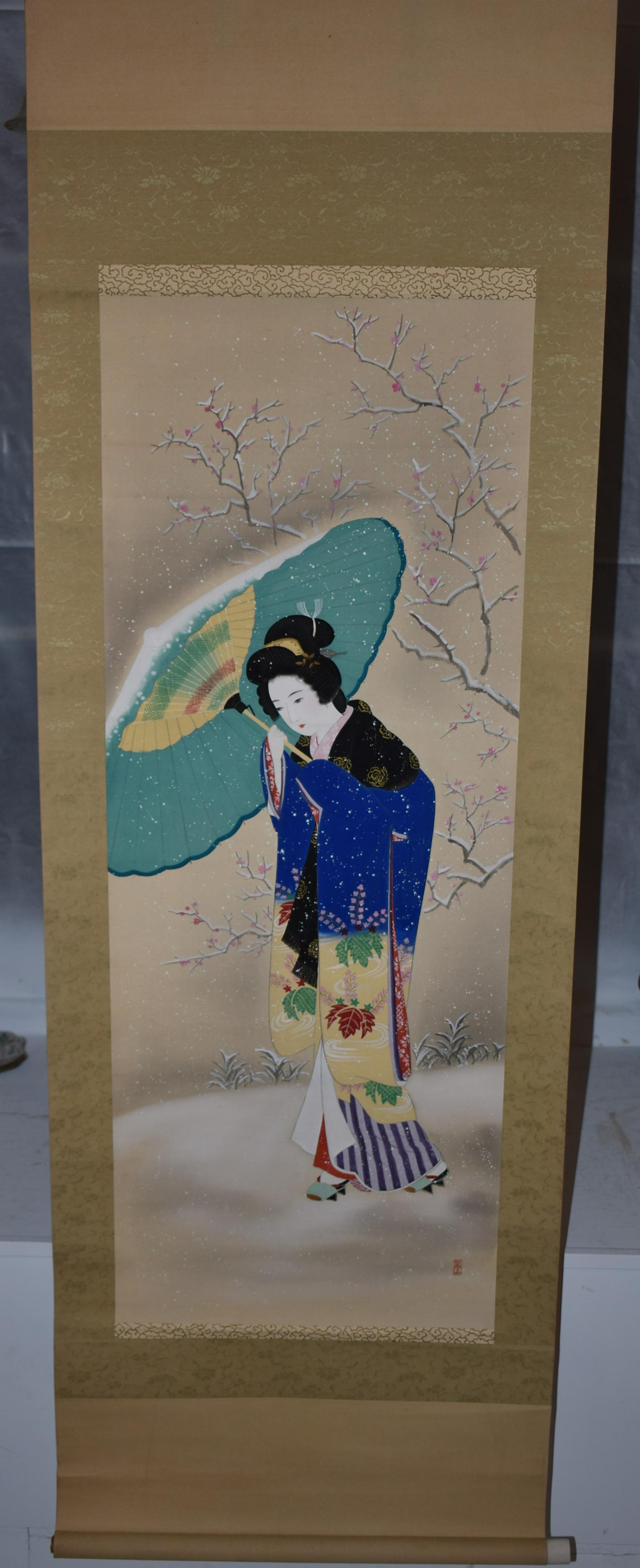 Japanese Meiji Scroll Painting of Geisha: vivid polychrome palette with one ivory end. Length 45" Width 16 1/4" Overall width 22"