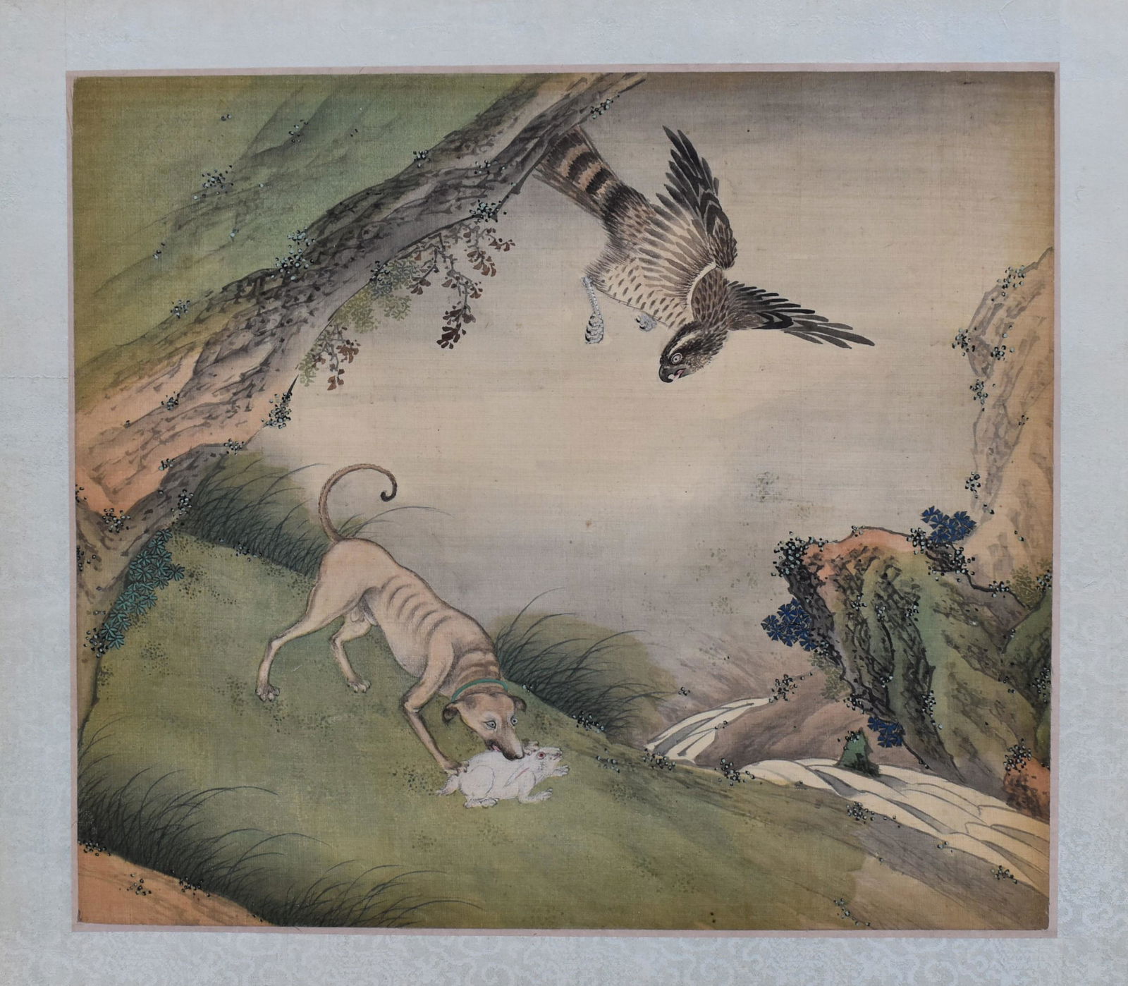 Fine 19th Century Chinese Watercolor: of eagle above dog with prey. Image size 13" x 14 1/2" Mounted on masonite panel with glass 25 1/2" x 27 3/4"