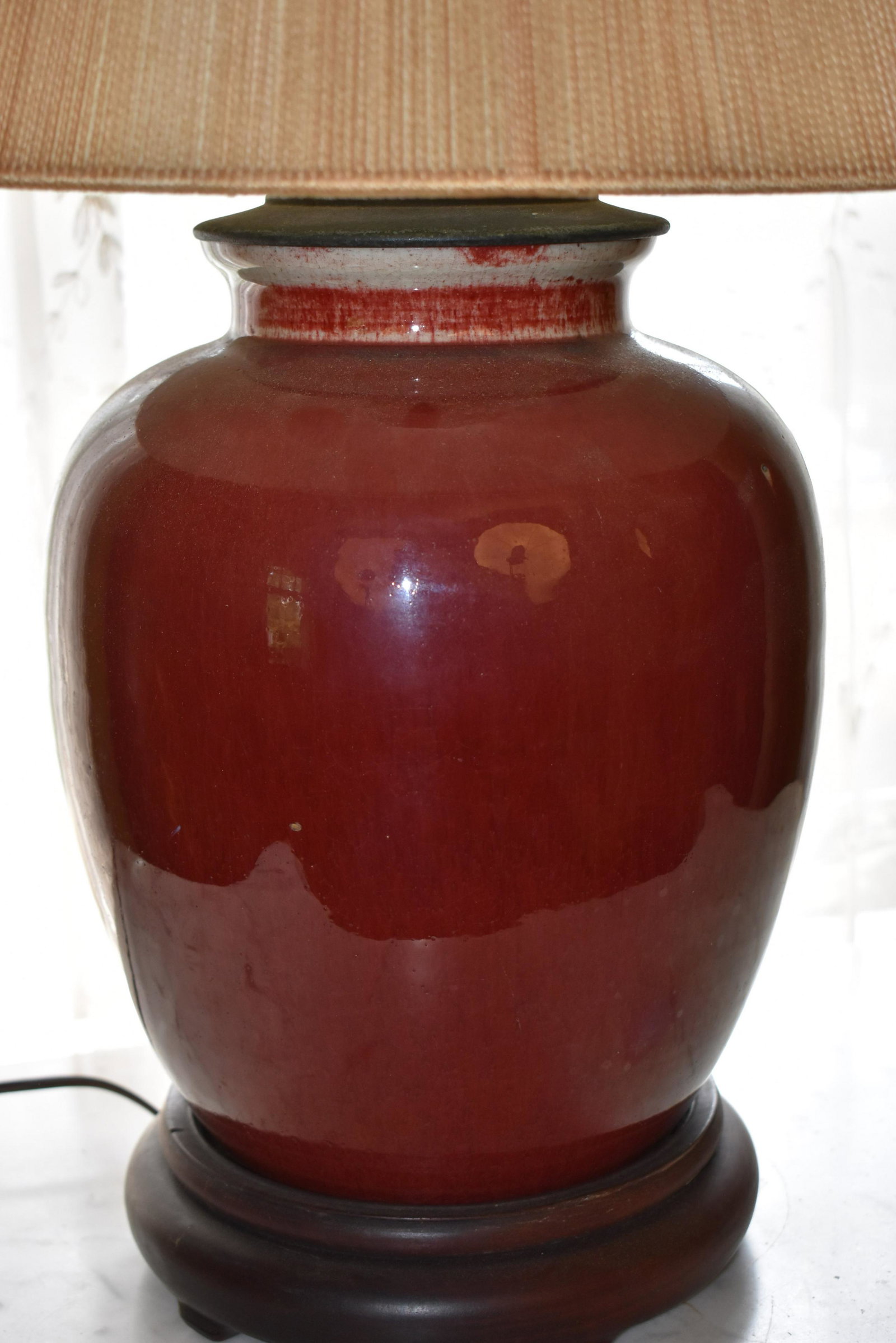 Antique Chinese Sang De Beouf Vase: converted to a table lamp. Ht. of vase 10 ½Ã‚Â” Overall Height 26Ã‚Â” Shade not available.