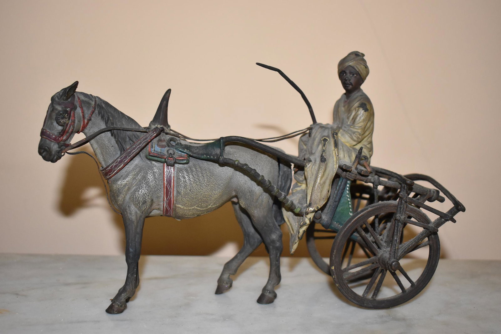 Bergman Vienna Cold Painted Bronze Figure: of a North African Bedouin on horse drawn cart. Height 5 ¾” Length 9”