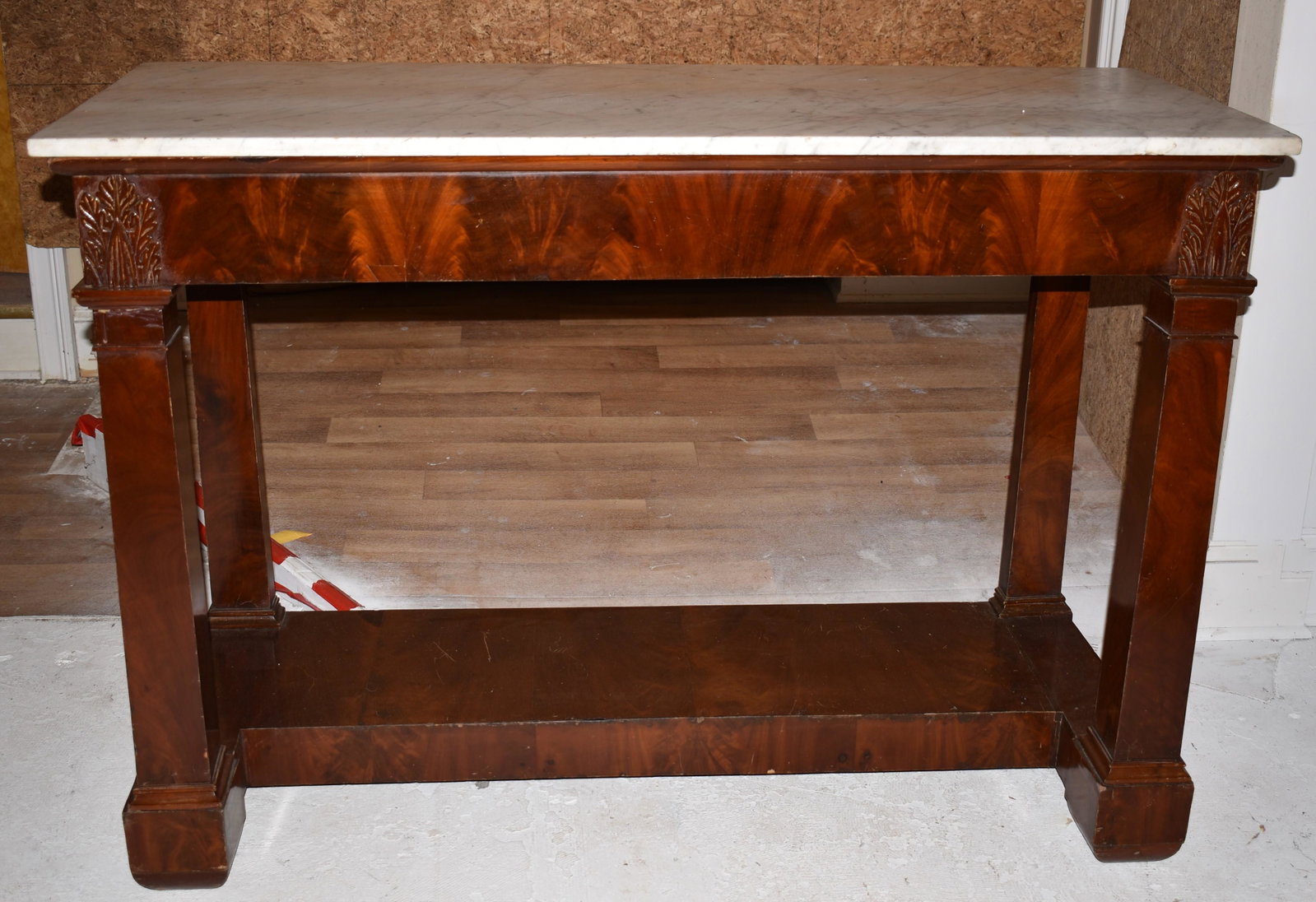 Charles X Mahogany Pier Table: with fine original Carrera marble top above rectangular frieze flanked by acanthus carved freestand columns with lower shelf. Height 39 Marble: Width 55 1/4 Depth 23 1/4