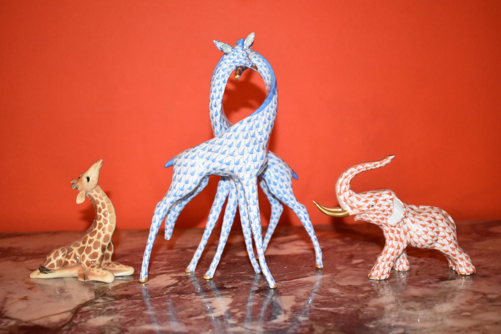 Herend Elephant & Giraffe: along with smaller Chinese giraffe marked Franz.