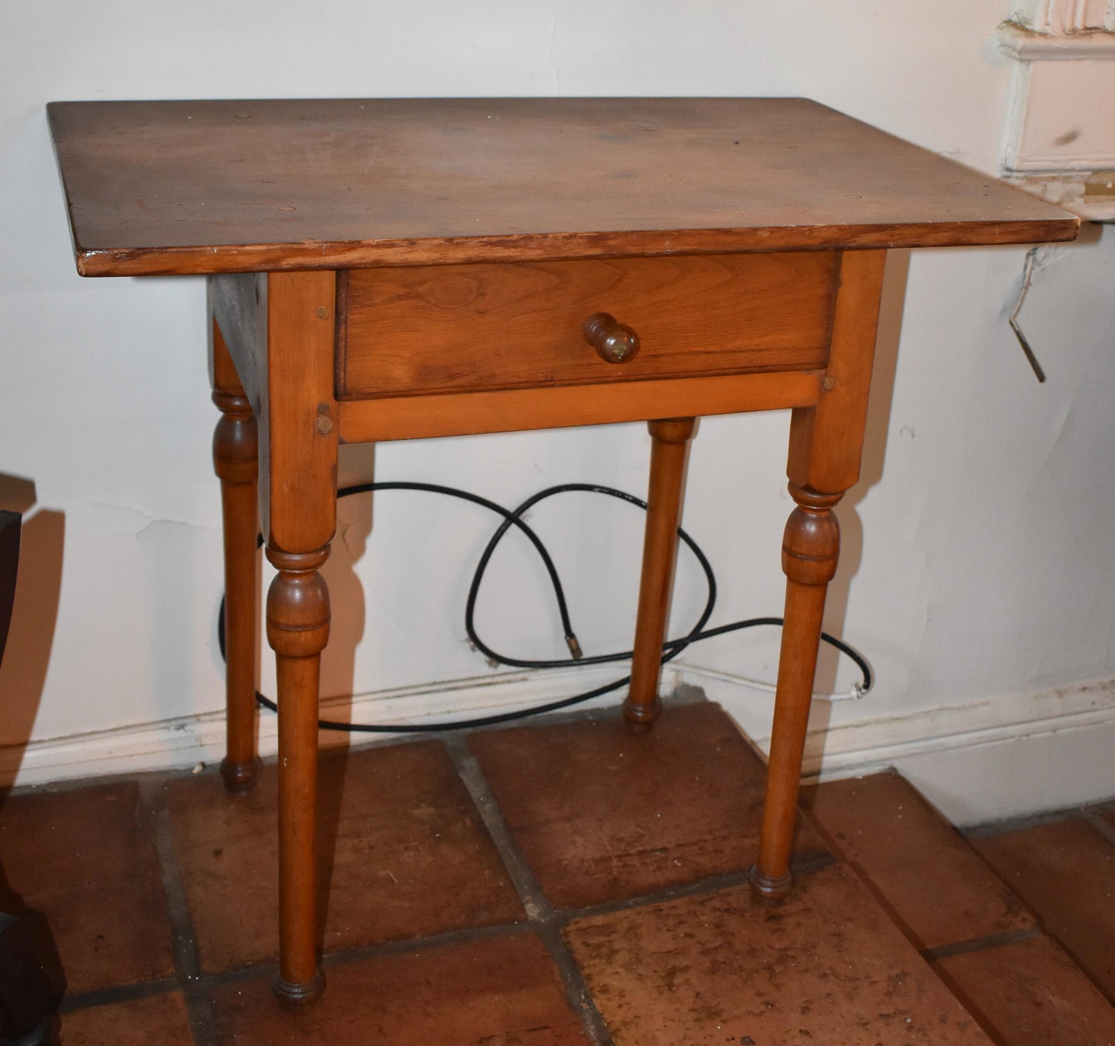 Diminutive Long Island Queen Anne Tap Table: with single drawer on button feet. Height 26 1/2" Width 28" Depth 17 1/2"