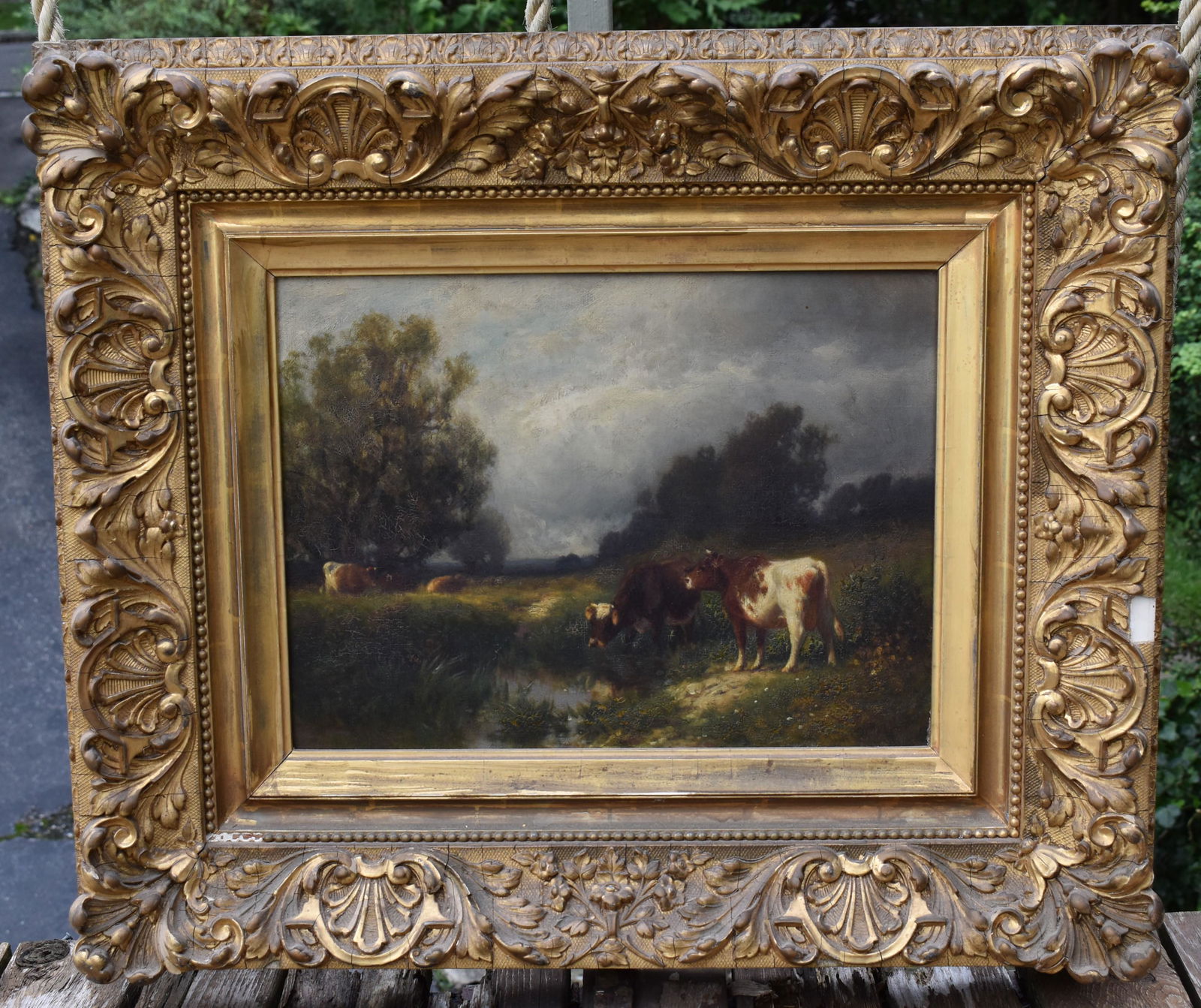 William Hart (1823-1894) Pastoral Scene With Cows: in ornate period gilt frame, signed Wm Hart lower right, oil on board. Sight size: 12" x 16" Frame size: 23" x 27"