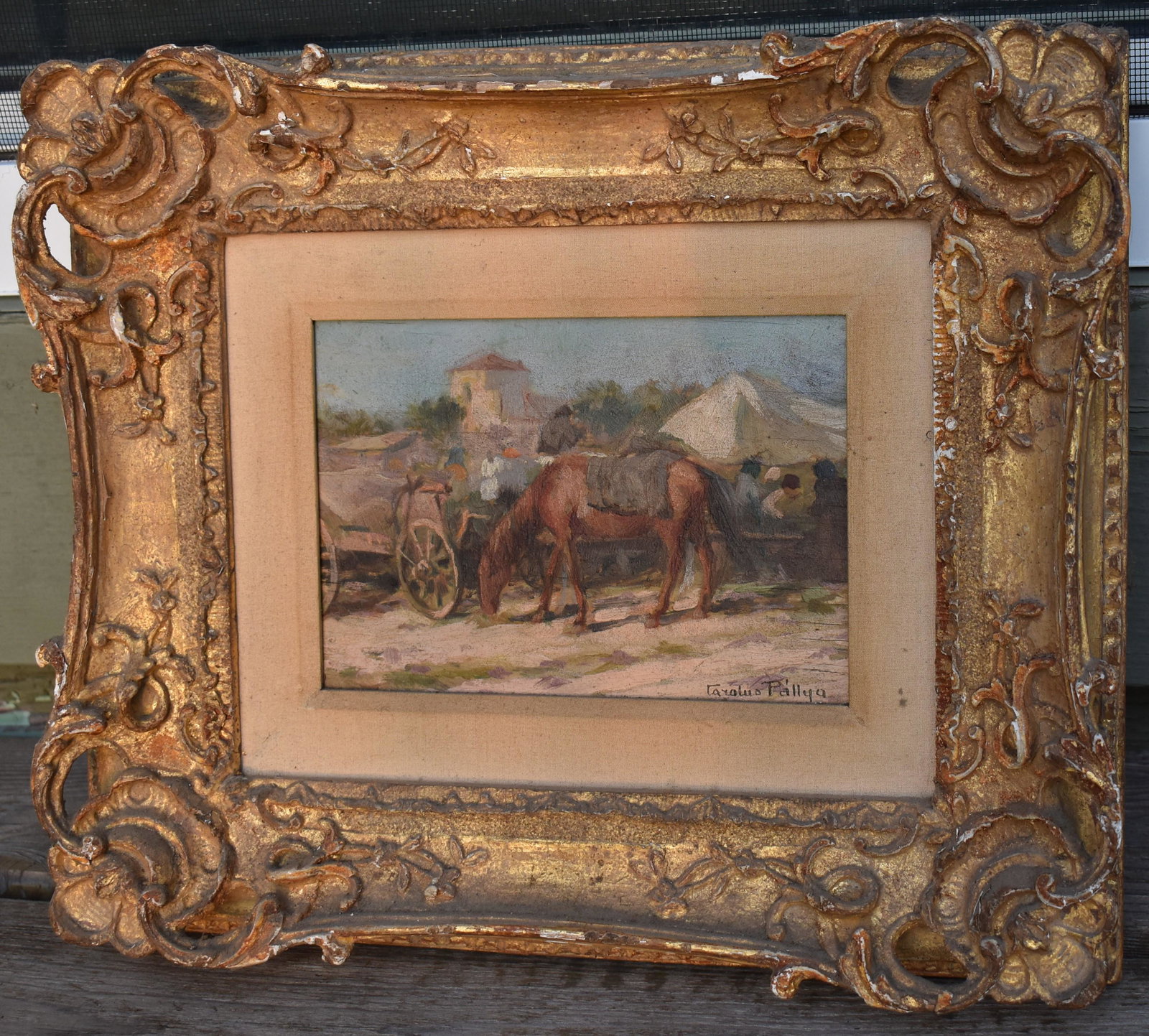 Carolus Pallya, Market Scene With Horse & Cart: oil on panel. Sight size: 5” x 7” Overall: 10 ½” x 13”