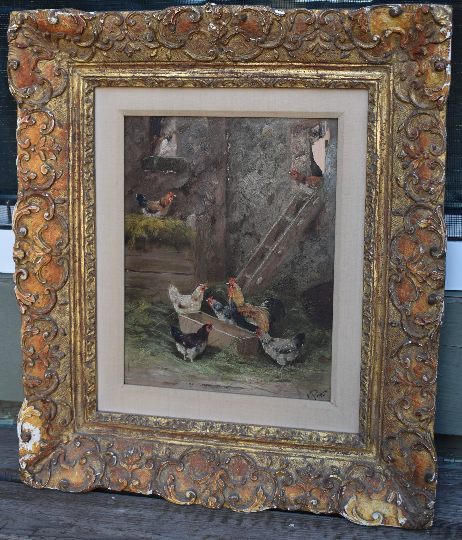 Continental School, Barnyard Chickens,: oil on panel, illegibly signed lower right. Sight size: 10 ?” x 8 1//8” Overall: 17 ½” x 15”