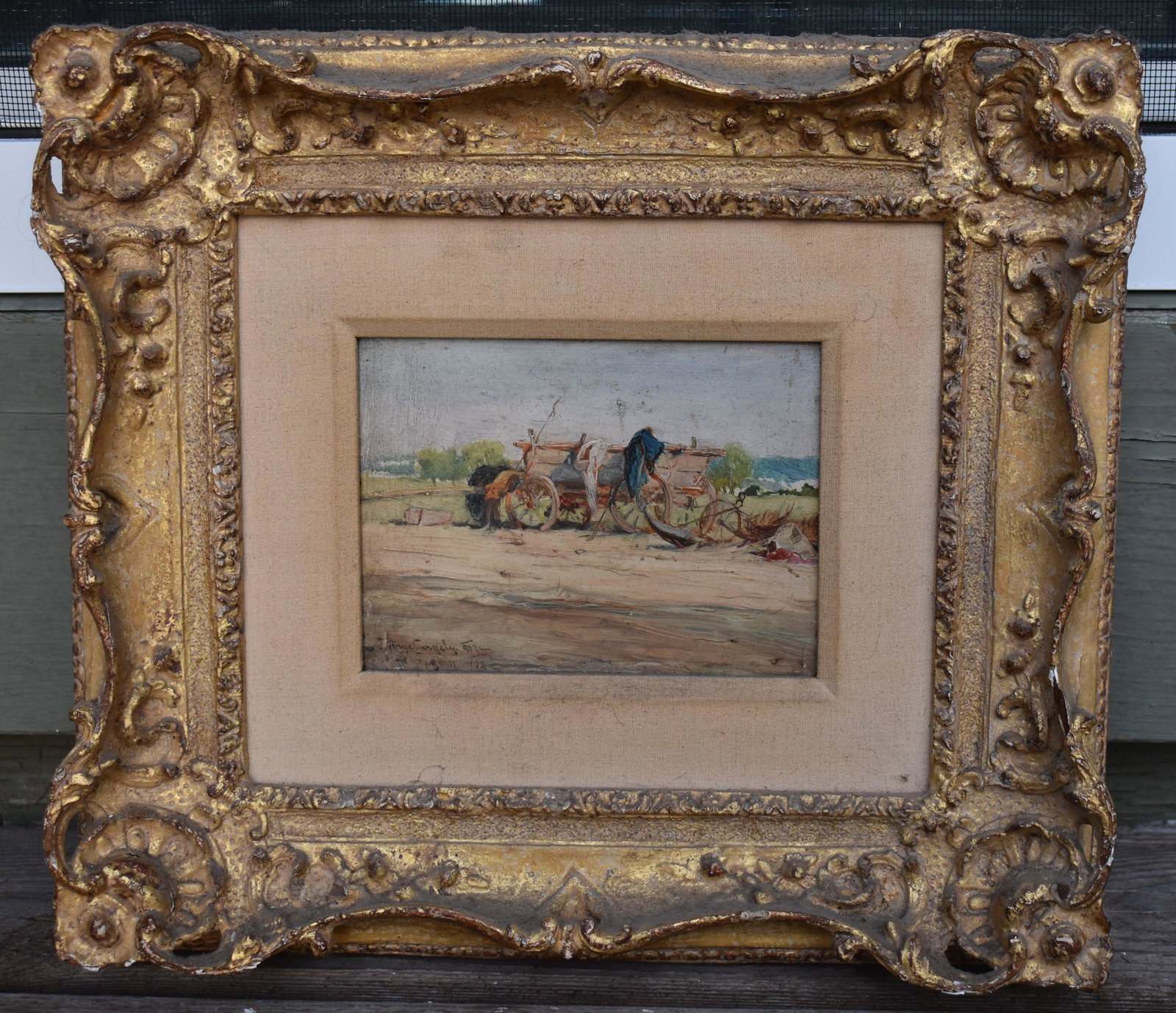 Continental School, Wagon In A Landscape: oil on panel, signed lower left Sight size: 4” x 5 ½” Overall size 10 ¼” x 12”