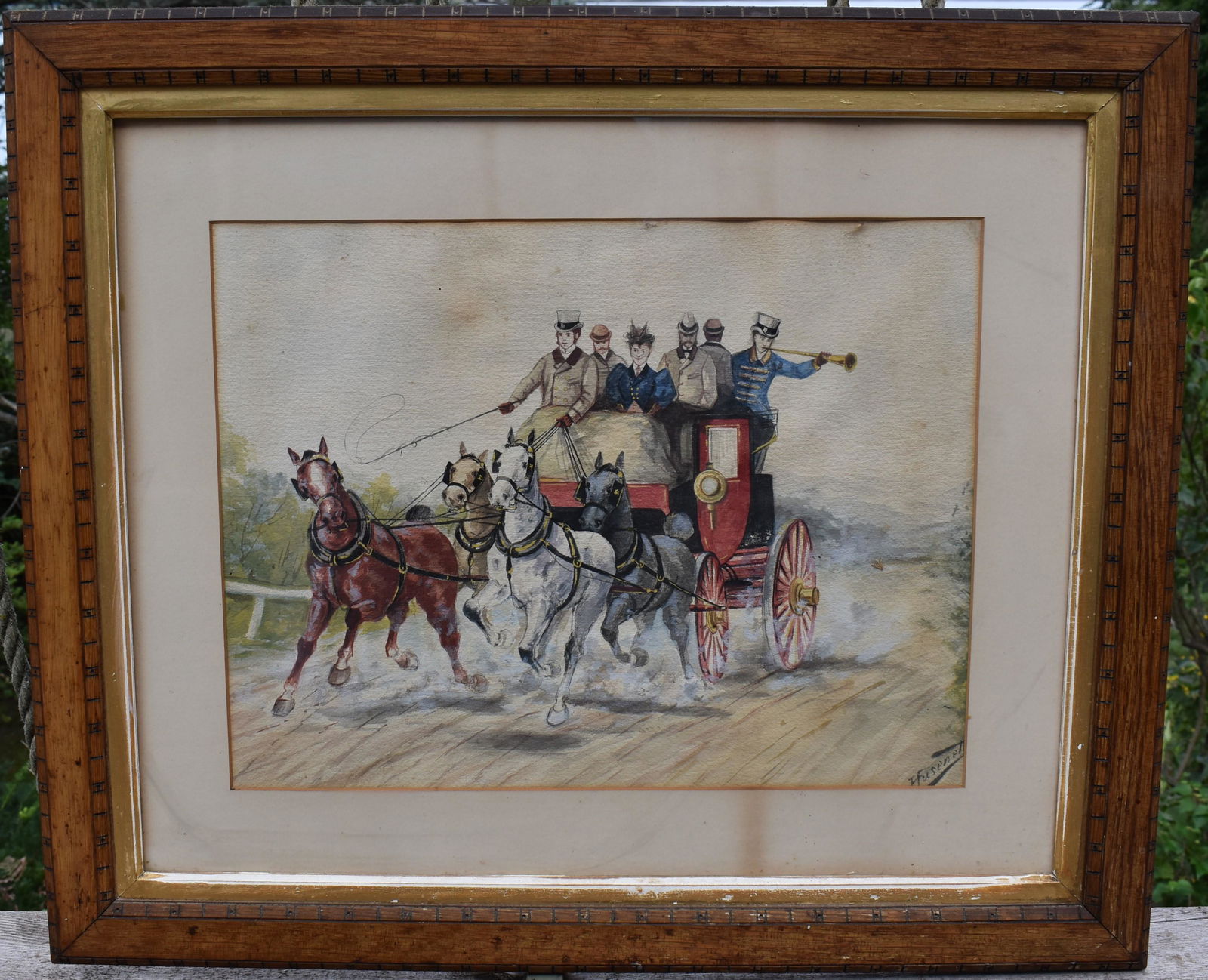 English School, Coaching Scene: watercolor, circa 1880, in period carved quartered oak frame. Overall: 26” x 31”