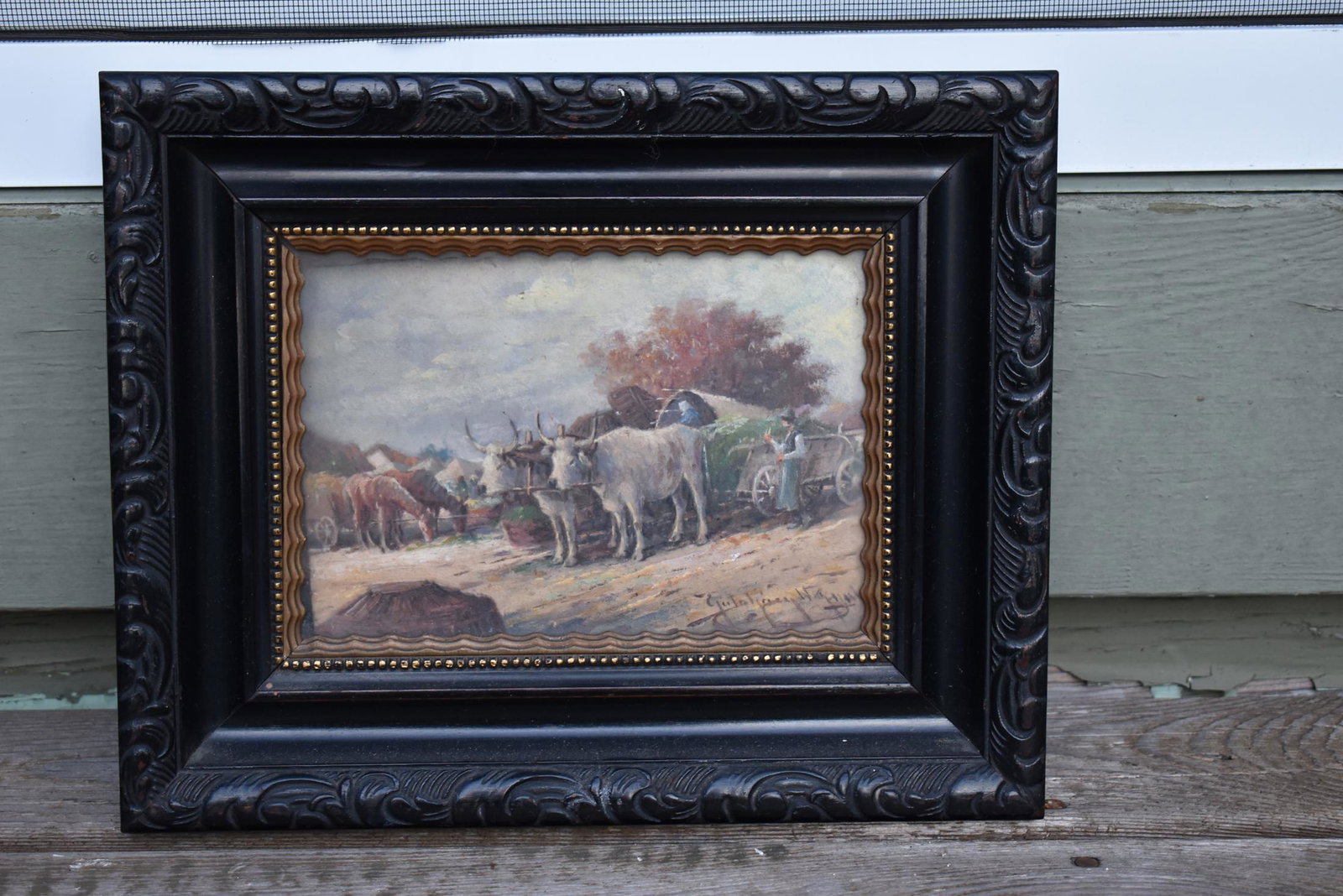 Continental School, Oxen & Wagon,: oil on board, signed lower right illegibly. Sight: 5” x 7 ¼” Overall 9” x 11”