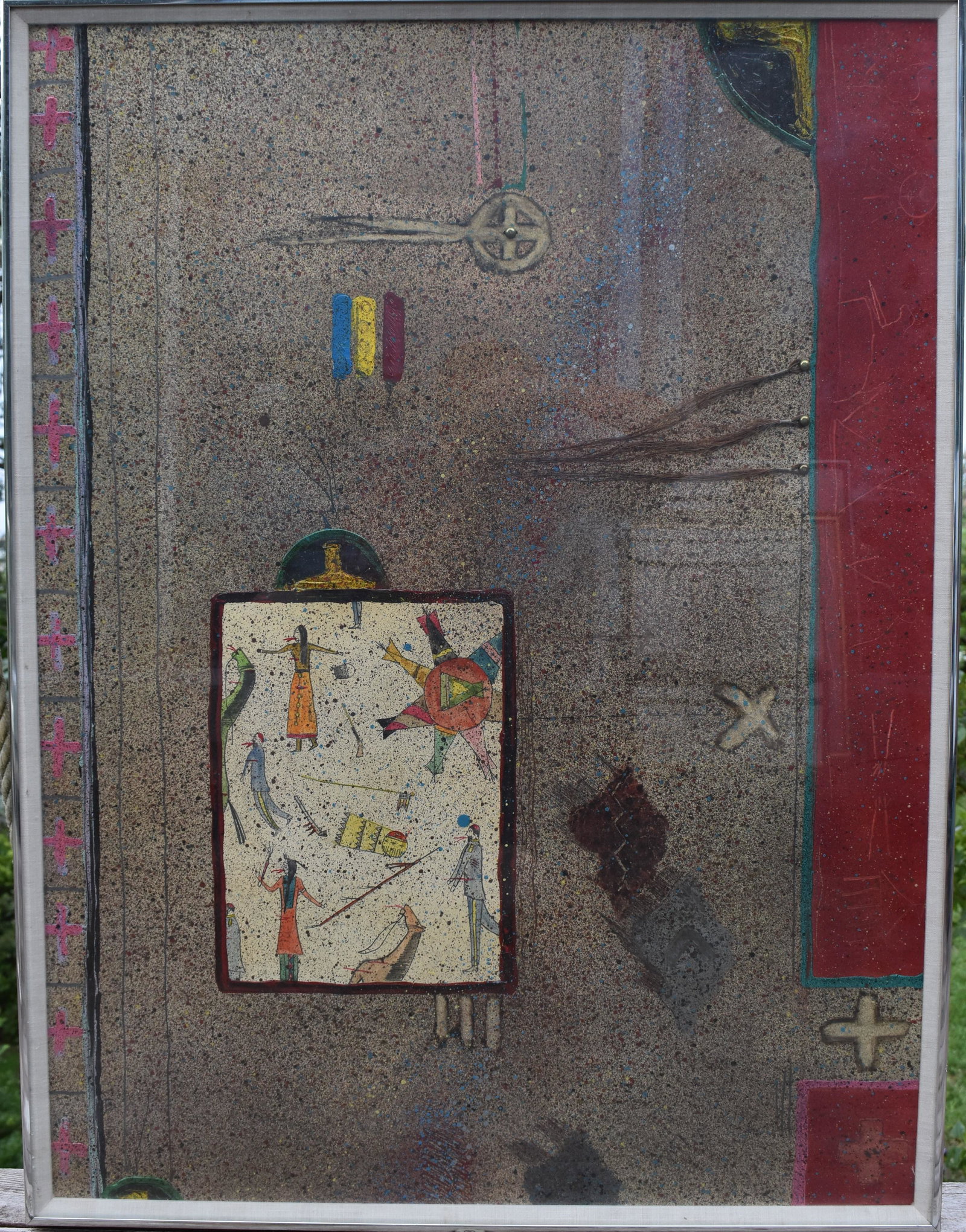 Randy Lee (White Horse) White “Past, Present, Future: Born 1951, mixed media, titled and identified on reverse. Sold by Elaine Horwitch Galleries Scottsdale and Santa Fe. Overall: 41” x 31”